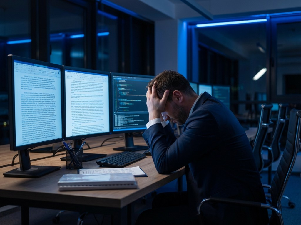 Frustrated entrepreneur overwhelmed by legal documents and code while trying to launch a casino at night