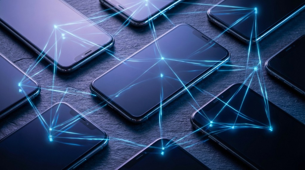 Network of connected smartphones representing digital player acquisition and mobile casino growth