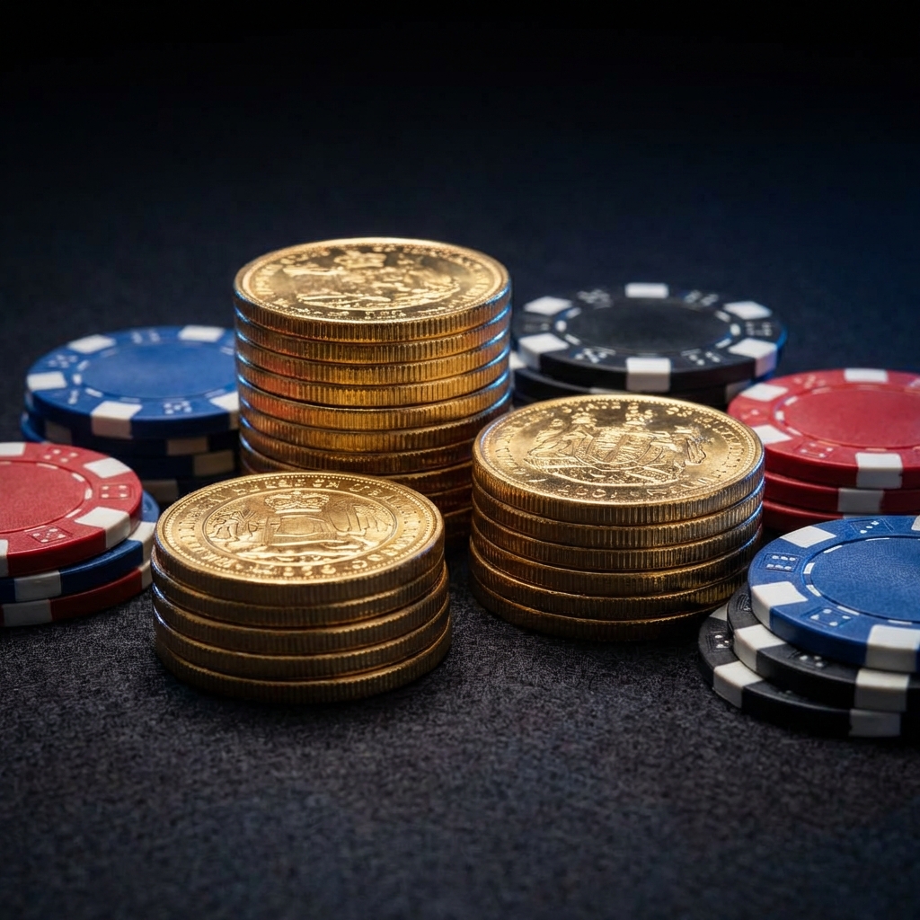 Stacks of gold coins and casino chips representing revenue potential and operator profitability